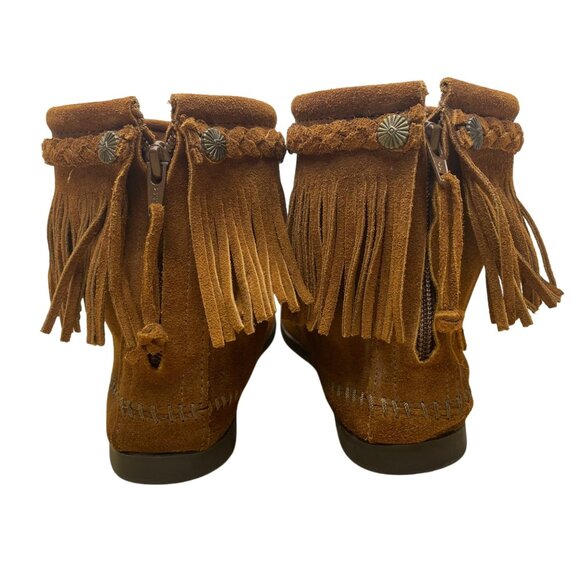 Minnetonka Women’s Dusty Brown Suede Zip Closure Fringe Ankle Boots Size 9 - Picture 5 of 9